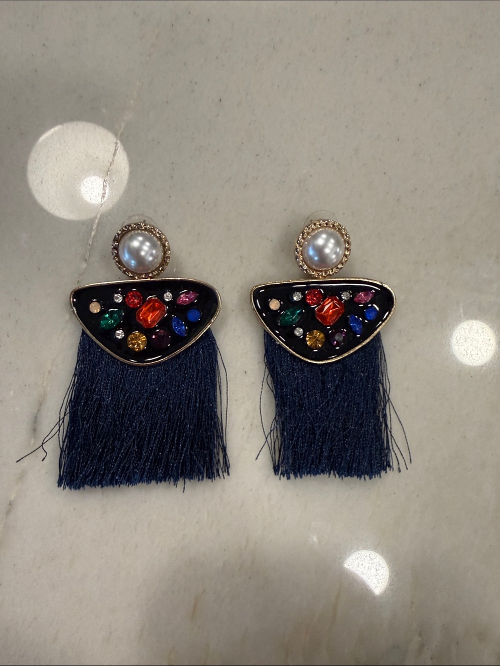 Pearl Top Navy Tassel Earrings with Multicolor Gem Accents